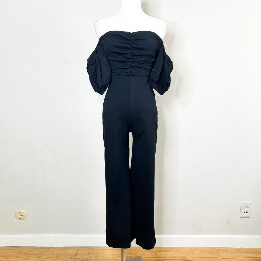 Lulus Black Puff Sleeve Off the Shoulder Ruched Wide Leg Culotte Jumpsuit NWT XS